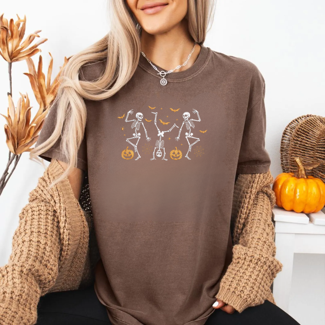 Dancing Skeletons Embroidered Halloween Tee