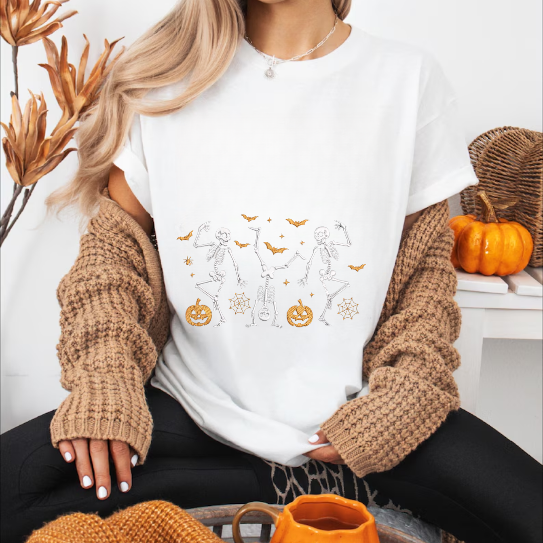 Dancing Skeletons Embroidered Halloween Tee