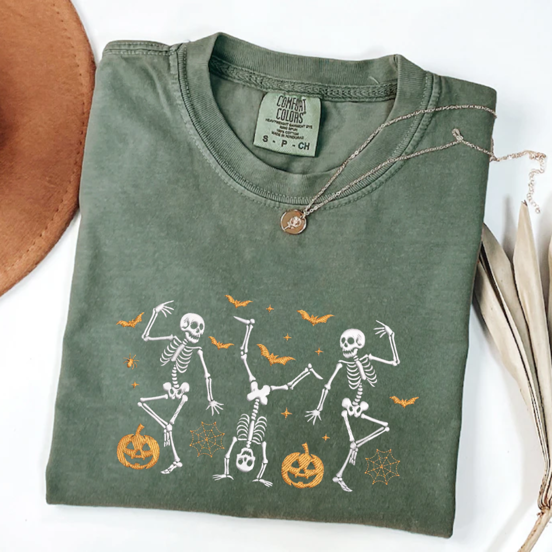 Dancing Skeletons Embroidered Halloween Tee