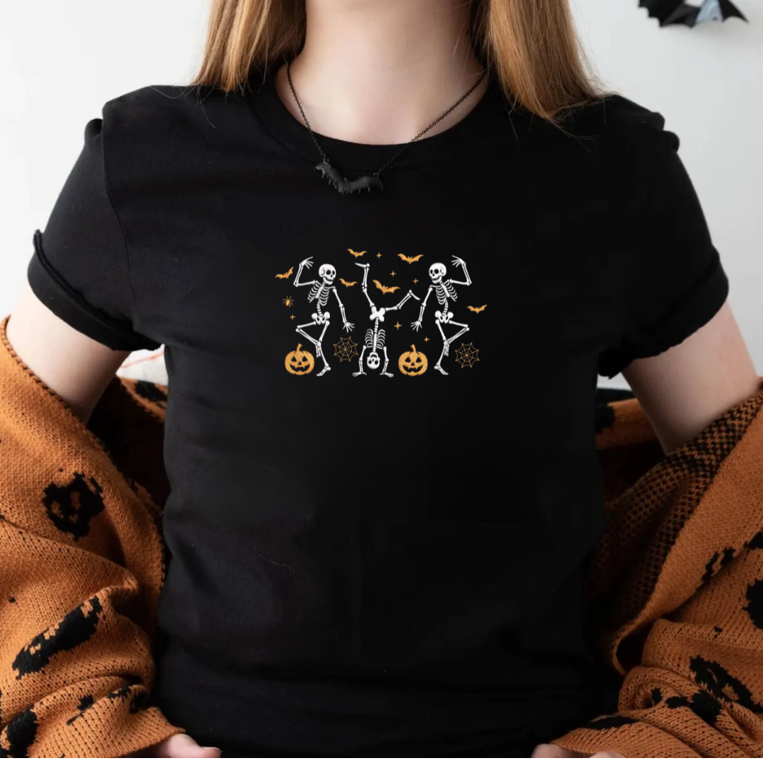Dancing Skeletons Embroidered Halloween Tee