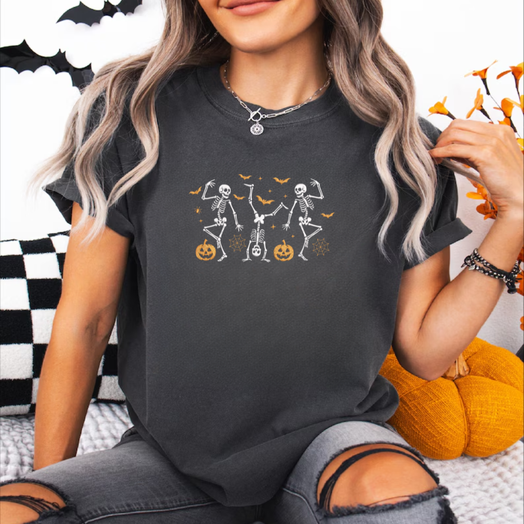Dancing Skeletons Embroidered Halloween Tee
